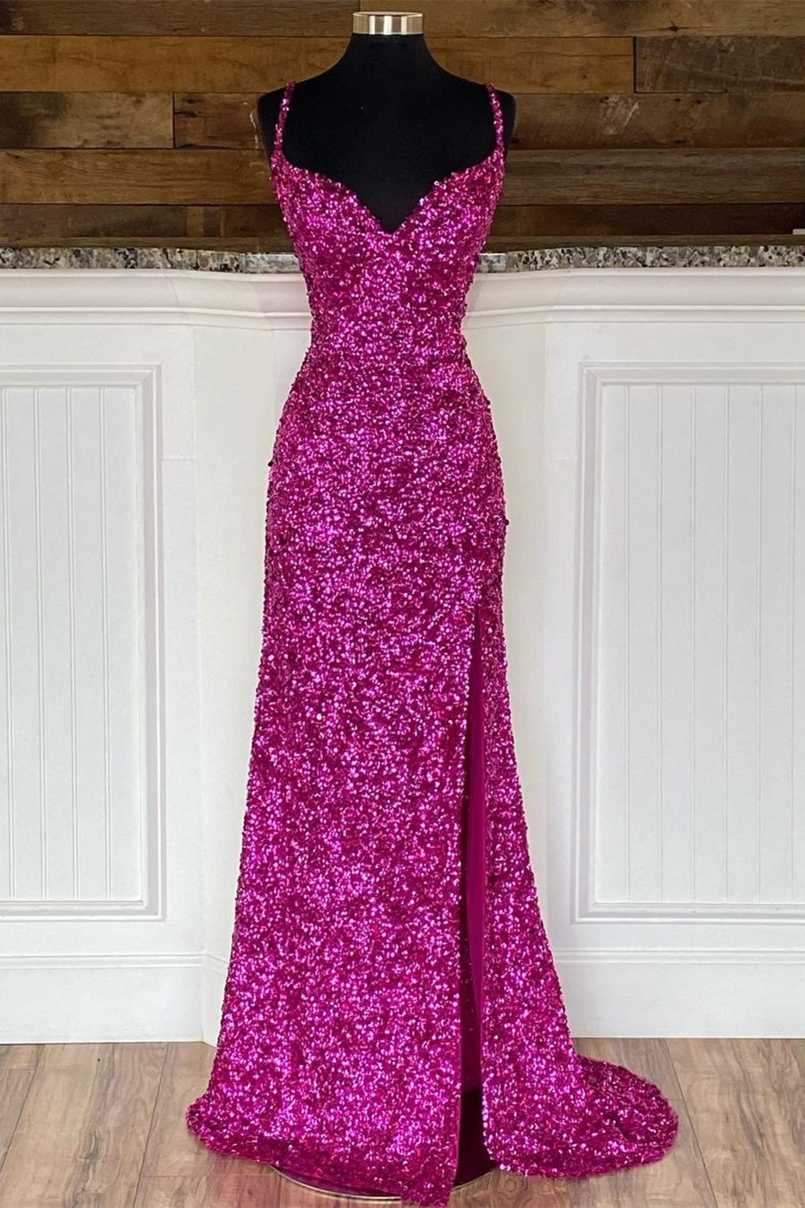 Fuchsia Sequins Mermaid Long Prom Dress with HZ0308