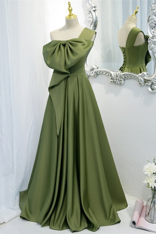 One Shoulder Green Bow Long Formal HZ0308