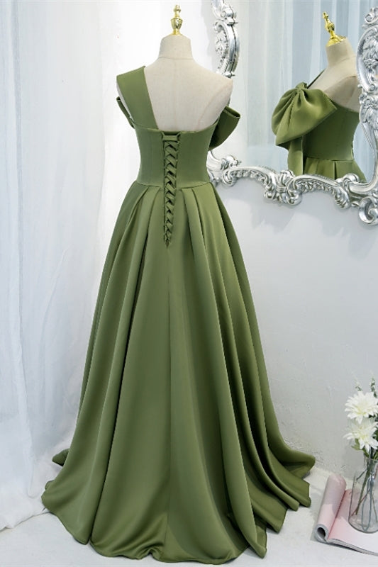 One Shoulder Green Bow Long Formal HZ0308