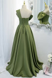 One Shoulder Green Bow Long Formal HZ0308