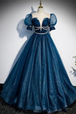 Blue A-line Tulle Long Formal Dress with Short Puffy HZ0308