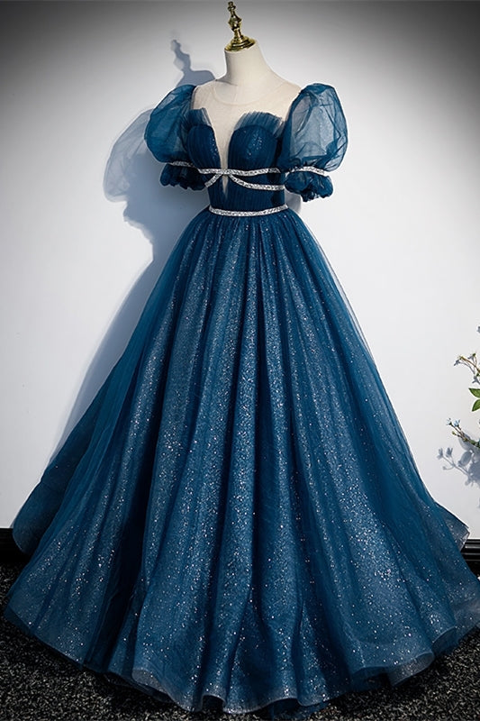 Blue A-line Tulle Long Formal Dress with Short Puffy HZ0308