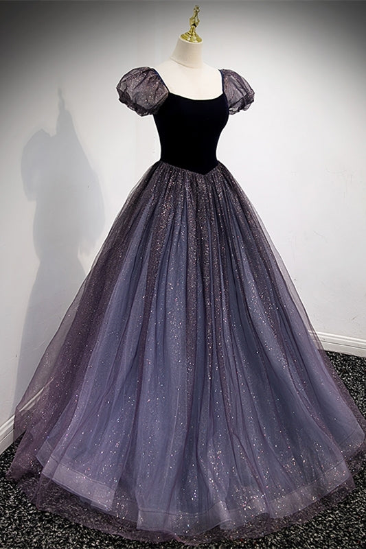 Navy Blue A-line Short Puffy Sleeves Princess Long HZ0308