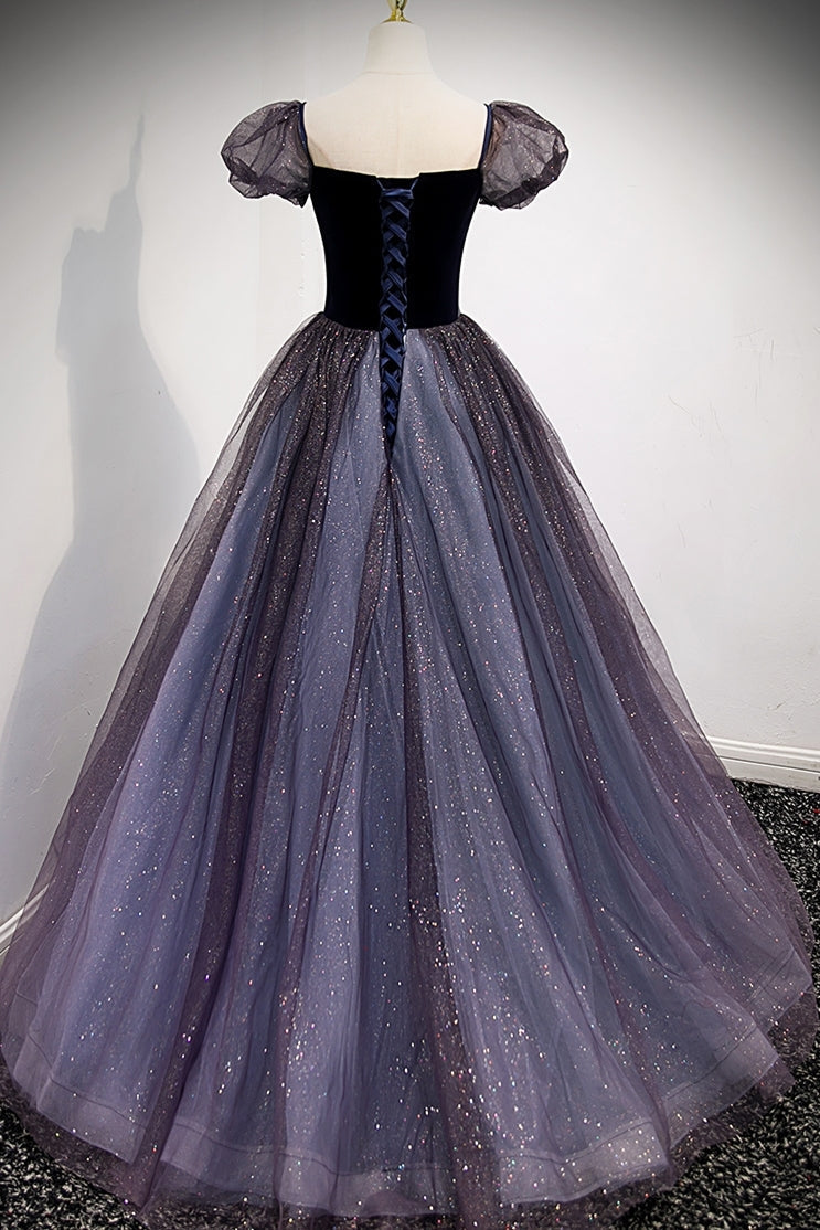 Navy Blue A-line Short Puffy Sleeves Princess Long HZ0308