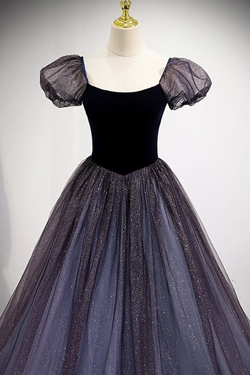 Navy Blue A-line Short Puffy Sleeves Princess Long HZ0308