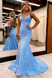 Blue Sequin Straps Empire Mermaid Long Prom HZ0308