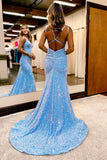 Blue Sequin Straps Empire Mermaid Long Prom HZ0308
