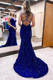 Blue Sequin Straps Empire Mermaid Long Prom HZ0308