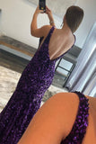 Purple Sequin Mermaid V Neck Long Formal HZ0308