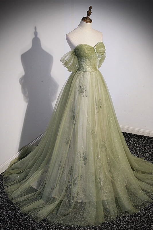 Off the Shoulder Green Tulle A-line Fairy Long Formal HZ0308