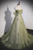 Off the Shoulder Green Tulle A-line Fairy Long Formal HZ0308