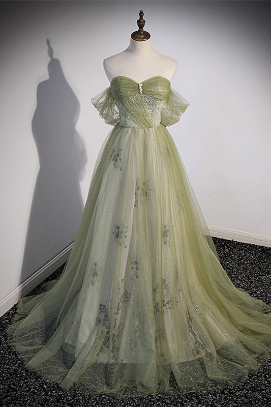Off the Shoulder Green Tulle A-line Fairy Long Formal HZ0308