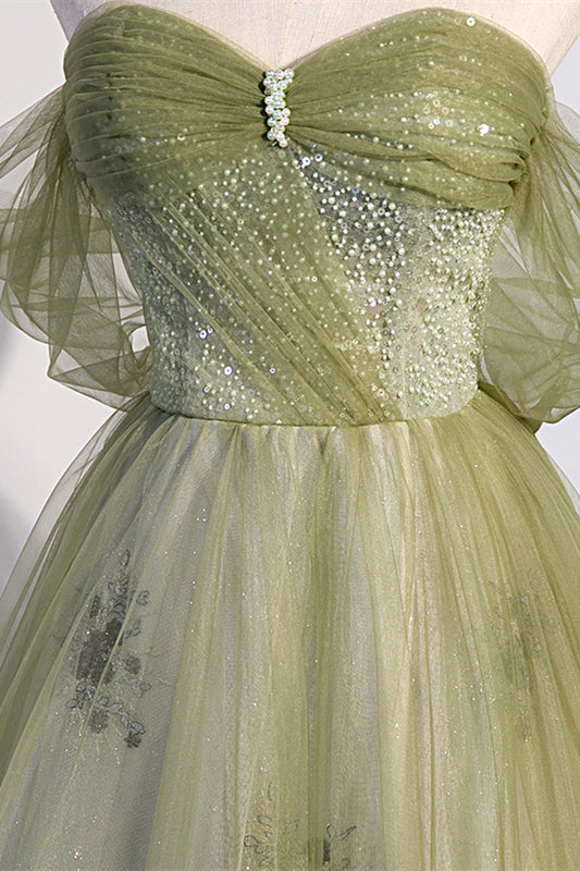 Off the Shoulder Green Tulle A-line Fairy Long Formal HZ0308
