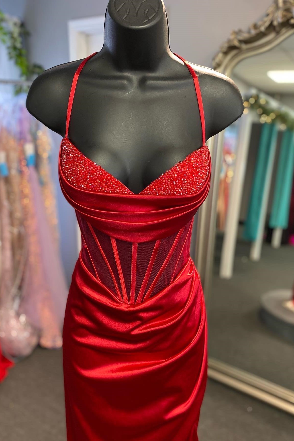 Elegant Beaded Fuchsia Satin Mermaid Long Formal HZ0308