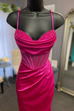 Elegant Beaded Fuchsia Satin Mermaid Long Formal HZ0308