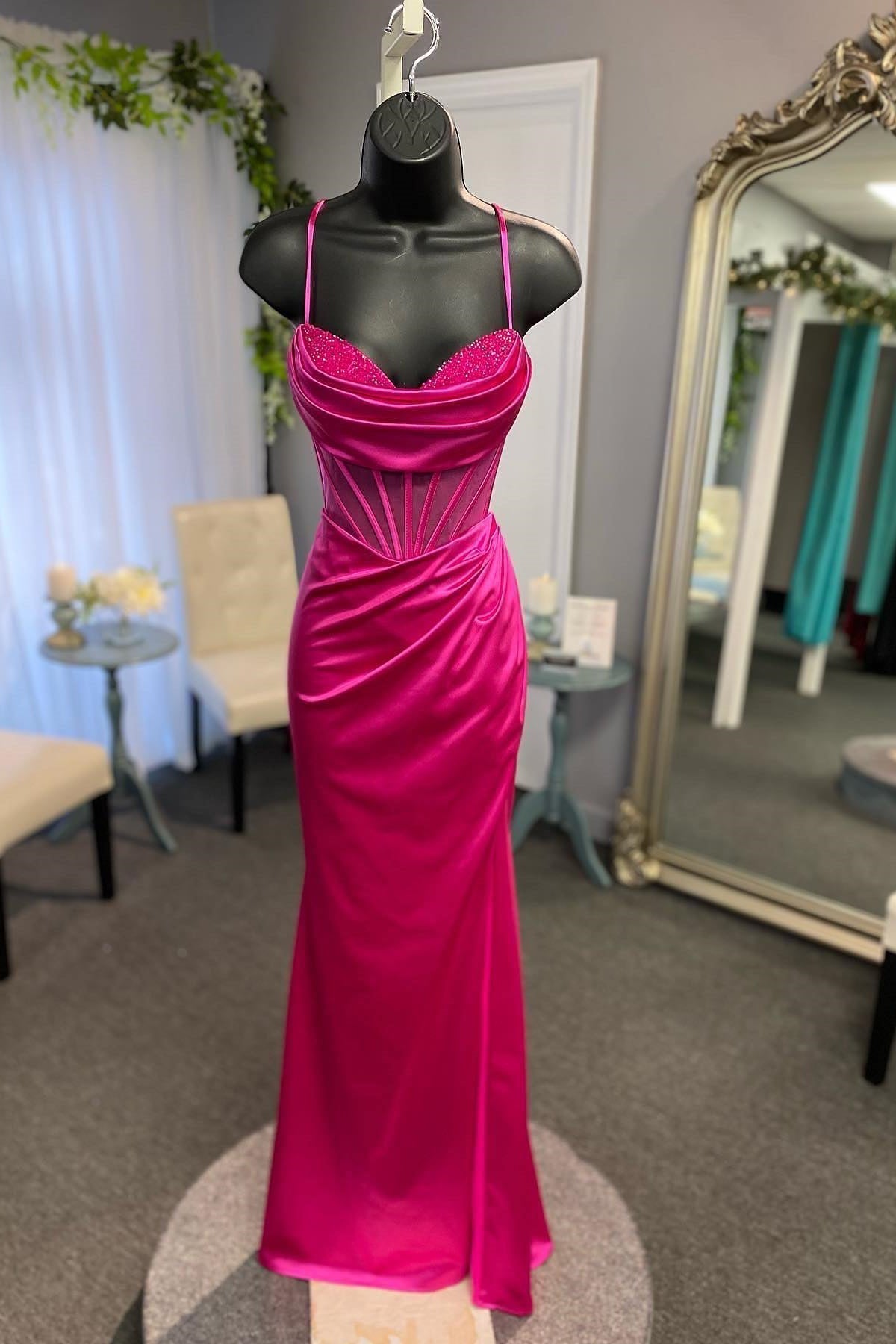 Elegant Beaded Fuchsia Satin Mermaid Long Formal HZ0308