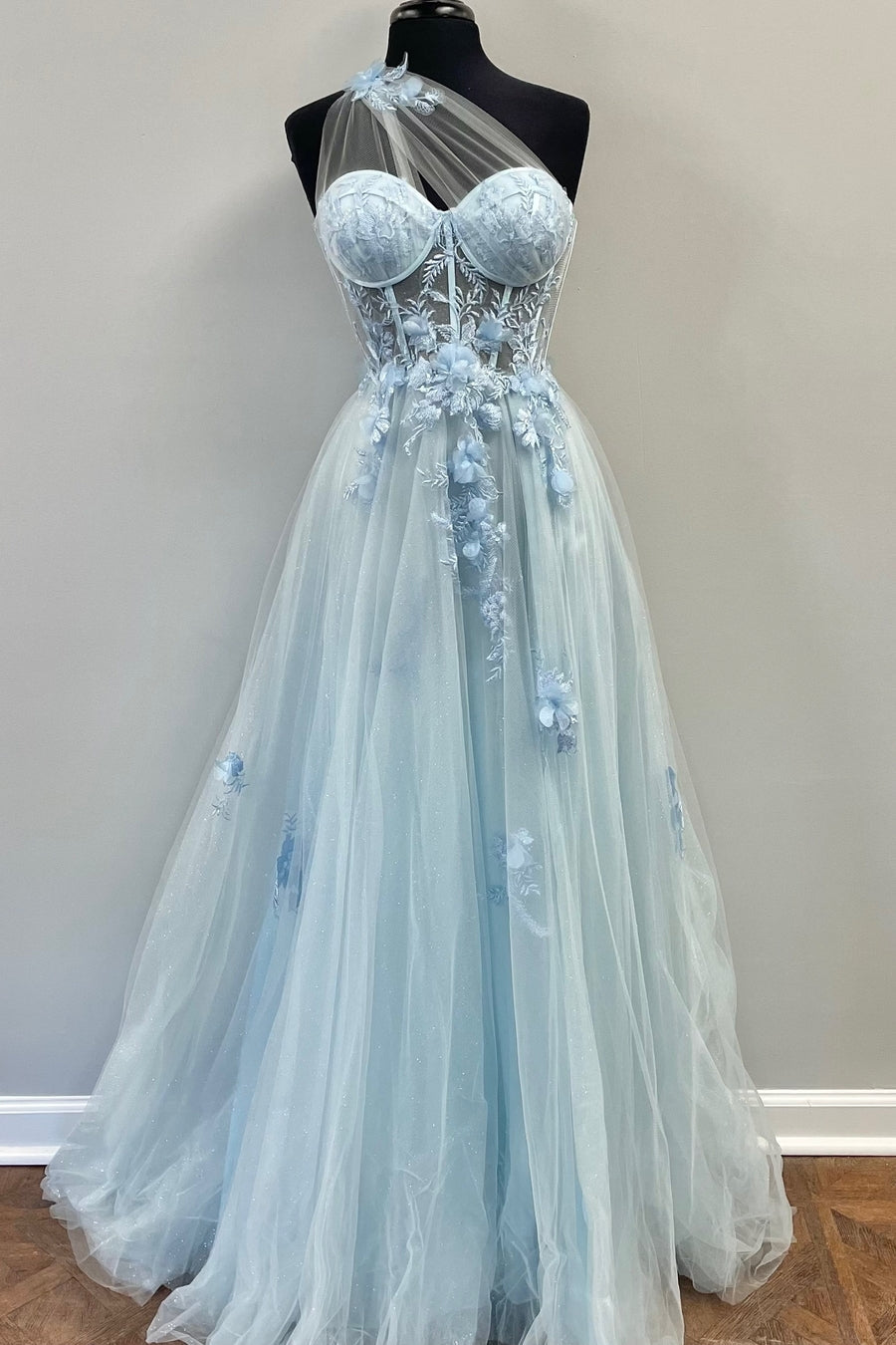 One Shoulder Blue Floral Lace Long Prom HZ0308