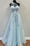 One Shoulder Blue Floral Lace Long Prom HZ0308