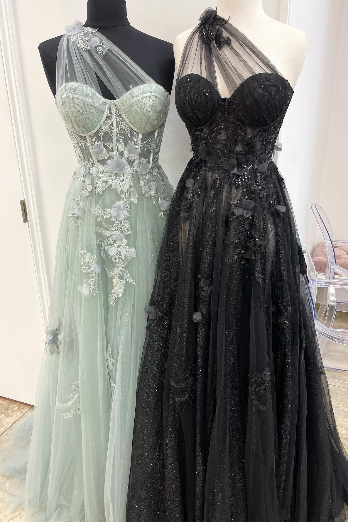 One Shoulder Blue Floral Lace Long Prom HZ0308