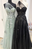 One Shoulder Blue Floral Lace Long Prom HZ0308