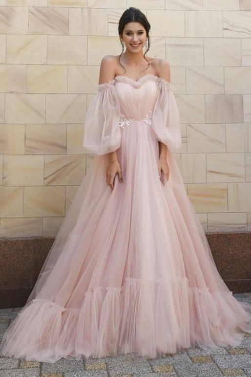 Puffy Sleeves Pink Tulle Formal HZ0308