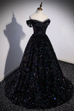 Black Sequin Off the Shoulder Long Formal HZ0308