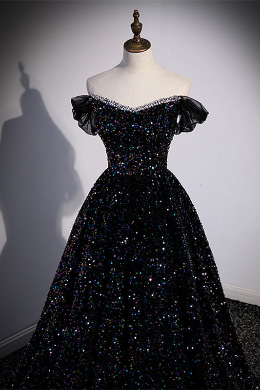 Black Sequin Off the Shoulder Long Formal HZ0308