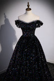Black Sequin Off the Shoulder Long Formal HZ0308