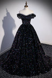 Black Sequin Off the Shoulder Long Formal HZ0308