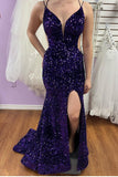 Purple Sequin Straps Mermaid Long Formal HZ0308
