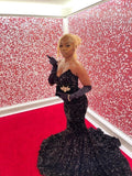 Mermaid Sequins Black Long Prom Dresses 22th Birthday Outfits With Sleeves HZ1022