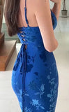 Classy Mermaid Spaghetti Straps Floral Blue Prom Dresses Satin Summer Wedding Guest Dresses Wedding Guest Outfits HZ1121