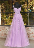 A-line V Neck Sleeveless Sweep Train Tulle Prom Dress with Appliqued Beading Evening Dresses HZ1121
