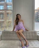Cute A Line Strapless Lilac Feathers Mini Short Formal 7th Grade Homecoming Dresses Middle School Short Prom Dress Hoco Outfits HZ1121