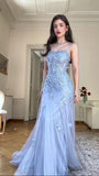 Elegant Sheath Spaghetti Straps Blue Tulle Lace Prom Dresses Party Dress Summer 22th Birthday Outfits 18th Birthday Dresses HZ1121