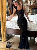 Elegant Mermaid Spaghetti Straps Black Tulle Lace Prom Dresses Party Dress Summer 22th Birthday Outfits 18th Birthday Dresses HZ1121