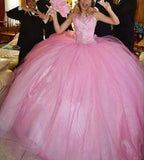 Pretty Ball Gown Sweetheart Pink Tulle Long Quinceanera Dress Formal Gowns Vestido De 15 Anos Sweet 16 Dress HZ1121