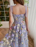 Elegant A-Line Corsets Dress Wedding Guest Summer Tea Length Sleeveless Prom Dress Scoop Neck Bridesmaid Dress Tulle with Appliques HZ1121