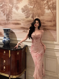 Elegant Mermaid Spaghetti Straps Pink Floral Sleeveless 21st Birthday Dress Party Gown Birthday Outfits Birthday Dress Ideas For Women HZ1121