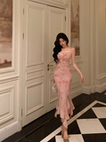 Elegant Mermaid Spaghetti Straps Pink Floral Sleeveless 21st Birthday Dress Party Gown Birthday Outfits Birthday Dress Ideas For Women HZ1121