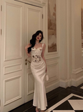 Elegant Mermaid 2 Pieces White Satin Sleeveless 21st Birthday Dresses Evening Gown Birthday Outfits Birthday Dress Ideas For Women HZ1121