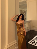 Elegant Mermaid Gold Satin 21st Birthday Dress Party Gown Birthday Outfits Birthday Dress Ideas For Women HZ1121