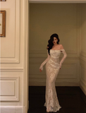 Elegant Mermaid Off The Shoulder White Lace Long Sleeves Burgundy 23rd Birthday Dress Party Gown Birthday Outfits Birthday Dress Ideas For Women HZ1121