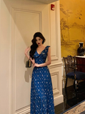 Classy A line V Neckline Blue Chiffon Sleeveless 18th Birthday Dress Party Gown Birthday Outfits Birthday Dress Ideas For Women HZ1121