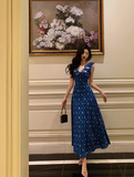 Classy A line V Neckline Blue Chiffon Sleeveless 18th Birthday Dress Party Gown Birthday Outfits Birthday Dress Ideas For Women HZ1121
