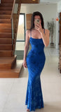 Classy Mermaid Spaghetti Straps Floral Blue Prom Dresses Satin Summer Wedding Guest Dresses Wedding Guest Outfits HZ1121