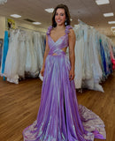 Metallic Hollowed-out Pleated A-line Prom HZ0308