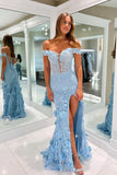 Pretty Light Pink Off the Shoulder Lace Appliques Mermaid Long Prom Dresses Graduation Dress HZ1121
