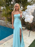 Elegant Blue Satin Mermaid Side Slit Long Evening Prom Dresses Sexy Prom Dress HZ1121
