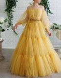 Yellow tulle lace long prom dress party HZ0308